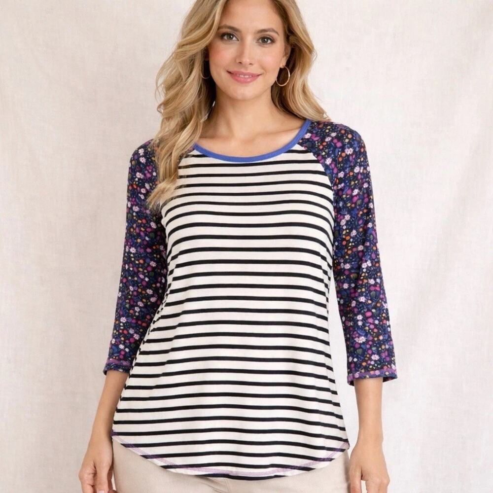 Matilda Jane Top Size S Navy Striped Floral Raglan Sleeves Hi-Low Hem Super Soft